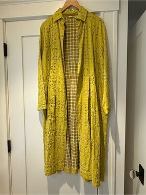 INJIRI Lightweight Long Duster - Yellow with brown/green gingham